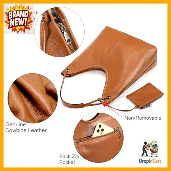 Genuine Cowhide Leather Hobo Handbag Shoulder Bag Purse with Coin Pouch